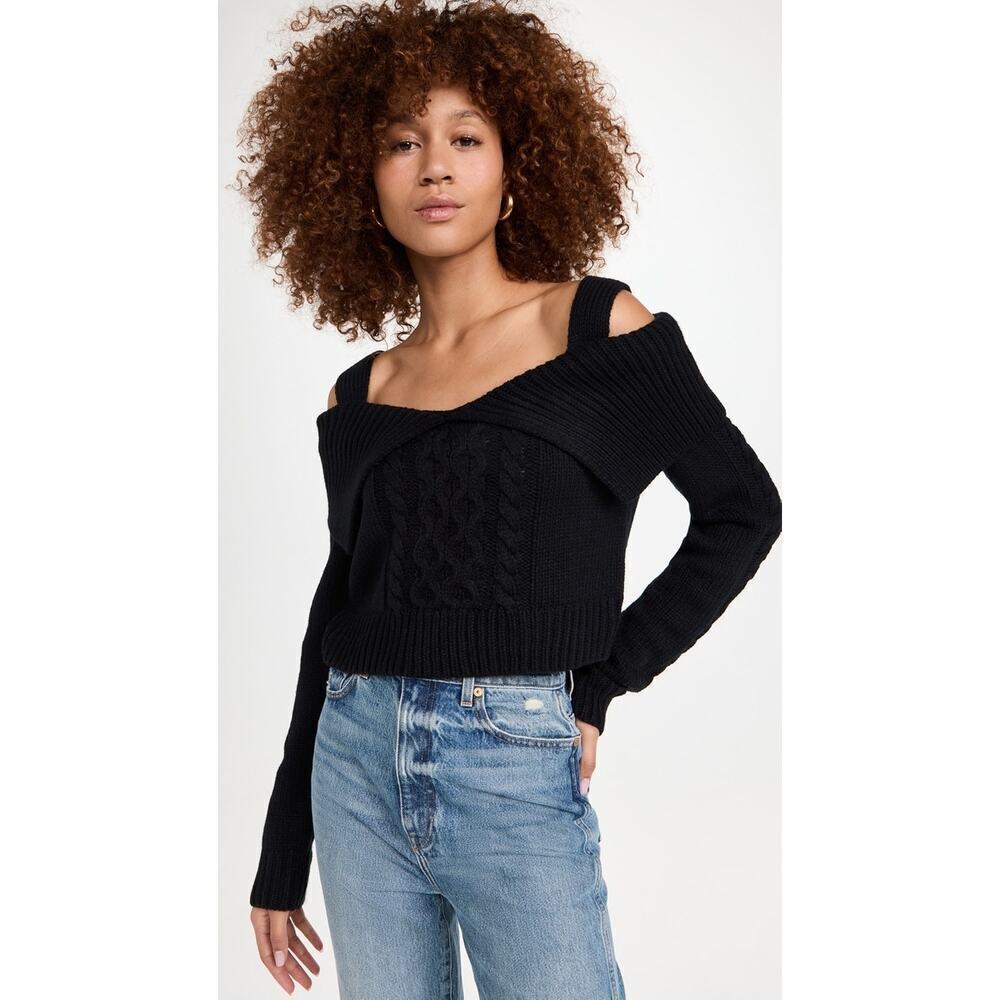 MOON RIVER Black Cable Knit Collared Off Shoulder Cropped Sweater Size XL NWT